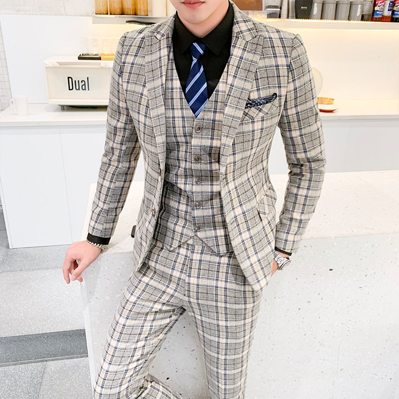 Classic Men Business Suit Fashion Plaid Suit