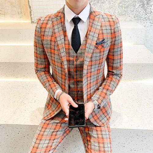 Classic Men Business Suit Fashion Plaid Suit